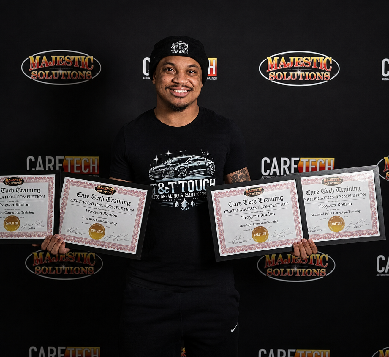 T&T Touch owner proudly displaying Care Tech Training and Majestic Solutions certifications