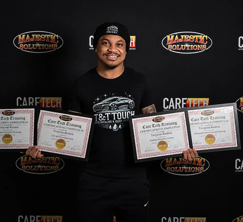 T&T Touch owner proudly displaying Care Tech Training and Majestic Solutions certifications
